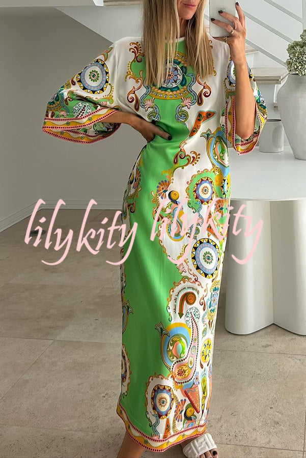 Southern Italy Satin Unique Print Bell Sleeve Loose Slit Midi Dress