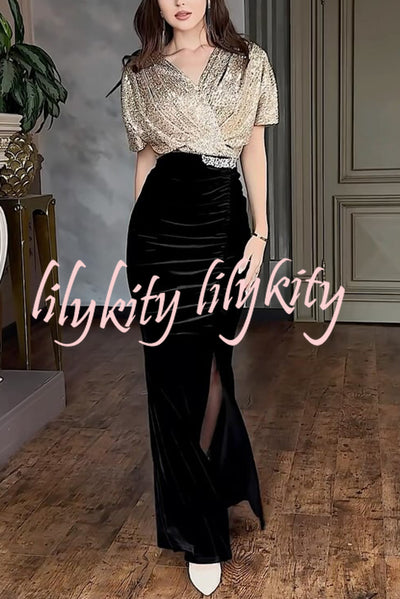 Elegant V-neck Sequined Velvet Stitching Sexy Slit Maxi Dress