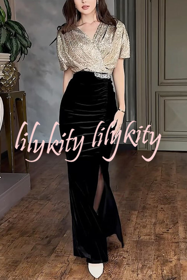 Elegant V-neck Sequined Velvet Stitching Sexy Slit Maxi Dress