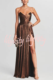 Goddess Temperament Metallic Pleated Fabric Off Shoulder Slit Maxi Dress