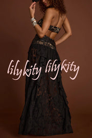 A Girls' Trip Lace High Neck Cutout Drop Waist Ruffles Maxi Dress