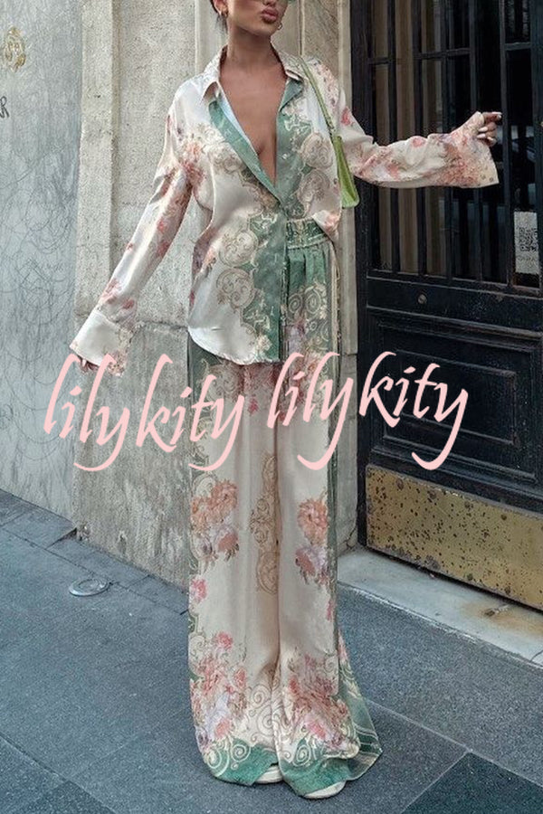 Antibes Satin Court Unique Printed Long Sleeve Loose Shirt and Elastic Waist Pants Set