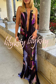 Bold and Sexy Tie-dye Abstract Floral Halter Drape Neck Backless Maxi Dress