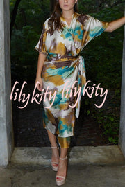 Cityscape Moment Satin Tie Dye Print Half Sleeve Wrap Midi Dress