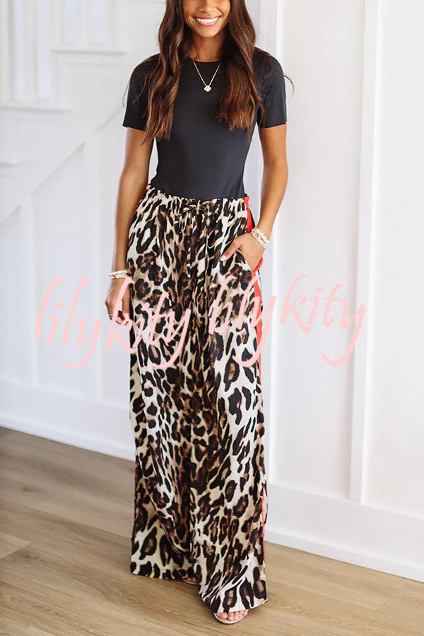 Leopard Print Elastic Waist Pocket Loose Wide Leg Pants