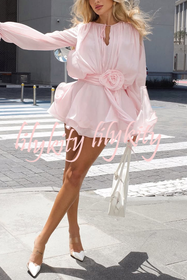 Solid Color Long Sleeve V-Neck Lace-Up Elegant Flower Decorated Mini Dress