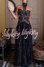 A Girls' Trip Lace High Neck Cutout Drop Waist Ruffles Maxi Dress