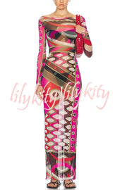 Gypsy Girl Mesh Unique Print Wide Neck Long Sleeve Stretch Maxi Dress