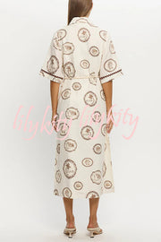 Resort Style Print Lapel Short Sleeves Casual Pocket Waist Tie Loose Midi Dress