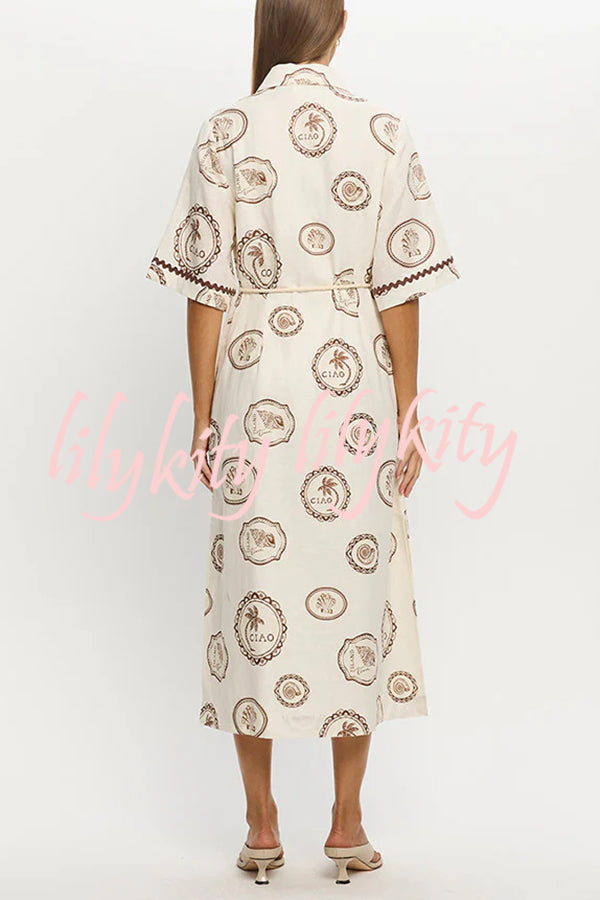 Resort Style Print Lapel Short Sleeves Casual Pocket Waist Tie Loose Midi Dress