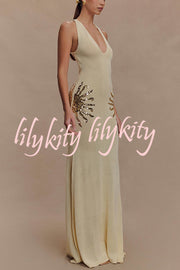 Sparkling Nights Knit Sunburst Sequin Detail Back Cross Straps Stretch Maxi Dress