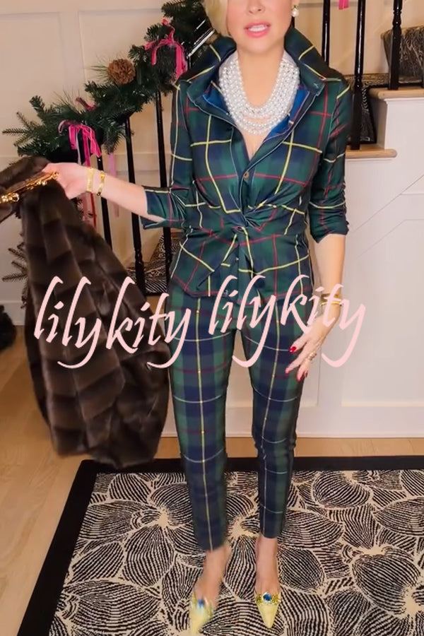 Embrace The Festival Plaid Twist Half Sleeve Shirt and Elastic Waist Pencil Pants Set