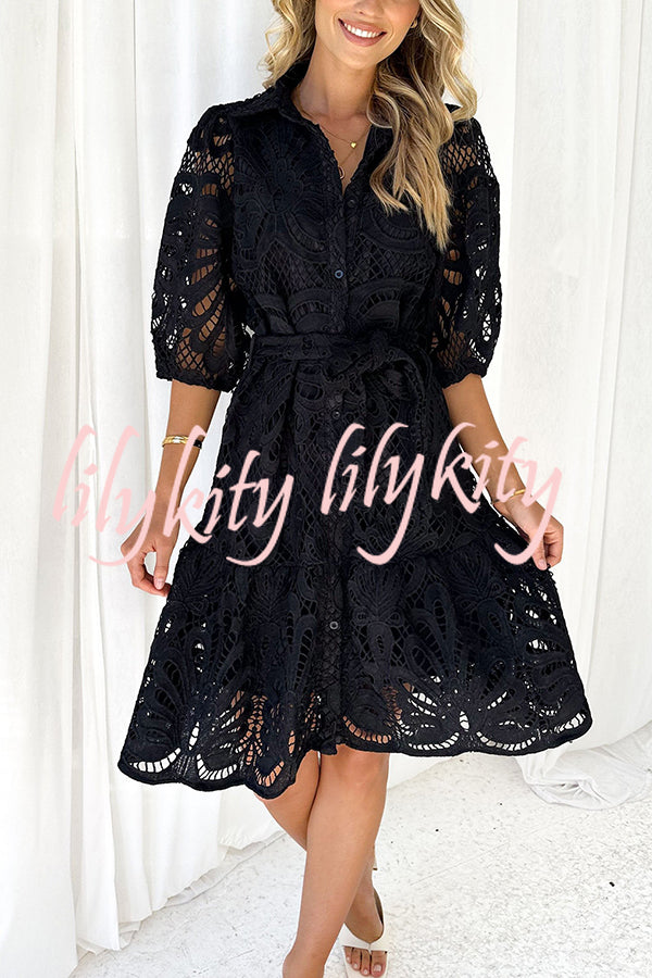 Solid Color Lace Cutout Balloon Sleeves and Waist Tie Mini Dress