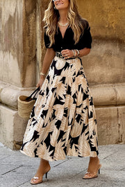Resort Style Botanical Print Elastic Waist Loose Stitching Midi Skirt