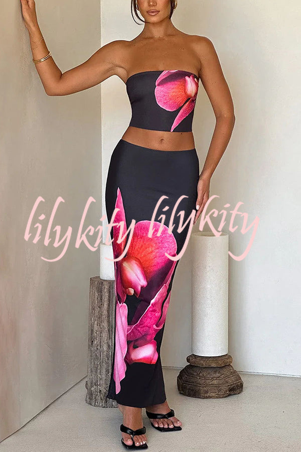 Allegra Abstract Floral Print Stretch Strapless Tank and Elastic Waist Maxi Skirt Set