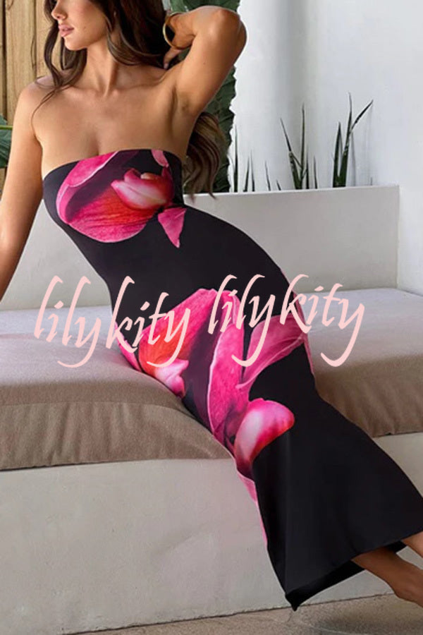 Emmaline Abstract Floral Print Bandeau Stretch Maxi Dress