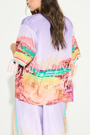 Lilac Sunrise Unique Print Short Sleeve Loose Shirt and Elastic Waist Pocket Pants Set