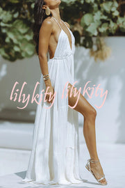 Laelia Linen Blend Halter Backless Slit Cover Up Maxi Dress