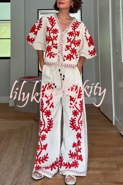 Till Sunset Linen Blend Unique Print Elastic Waist Pocket Wide Leg Pants