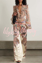 Feeling Dreamy Paisley Print Ruffle Jacquard Bell Sleeve Loose Blouse