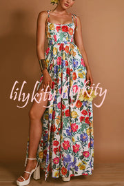 Garden Wedding Floral Print Back Tie-up Pocketed Slit Maxi Dress