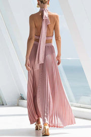 Stunning Choice Satin Pleated Halter High Neck Cutout Waist Backless Maxi Dress