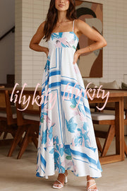 Botanical Print Halter Square Neck Pleated Loose Maxi Dress