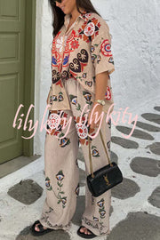 Fiji Ethnic Unique Printed Casual Shirt and Elastic Waist Wide Leg Pants Set