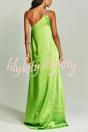 Charming Glance Satin Metal Hardware One Shoulder Loose Maxi Dress