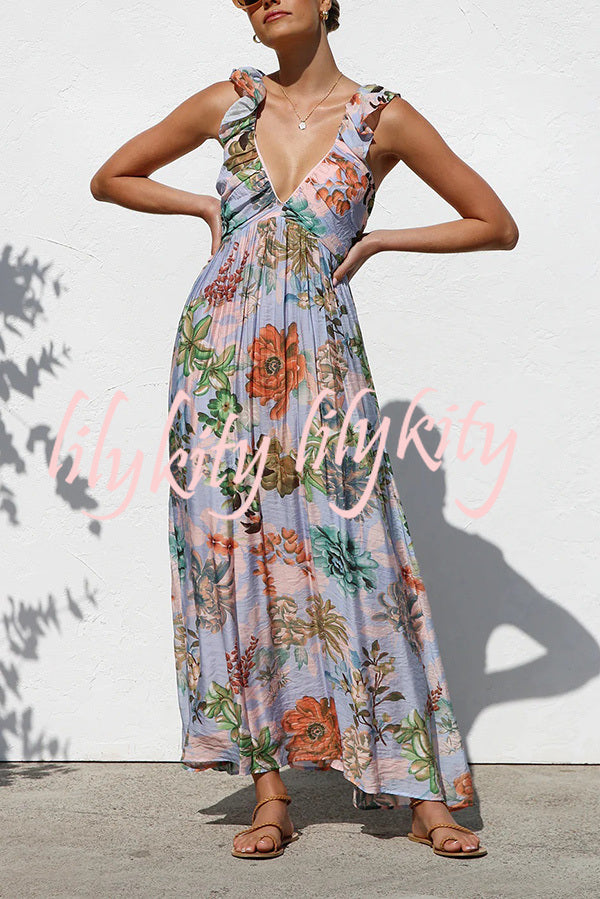 Unique Printed V-neck Ruffled Straps Pleated Back Maxi Dress