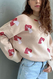 Mushroom Pattern Casual Loose Round Neck Knitted Sweater