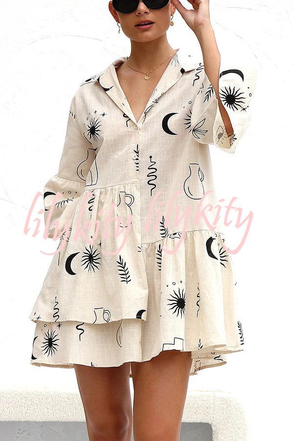 Shelby Unique Print Bell Sleeve Smock Style Tiered Shirt Mini Dress