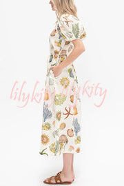 Beach Shell Print Puff Sleeve Tie-Waist Casual Midi Dress
