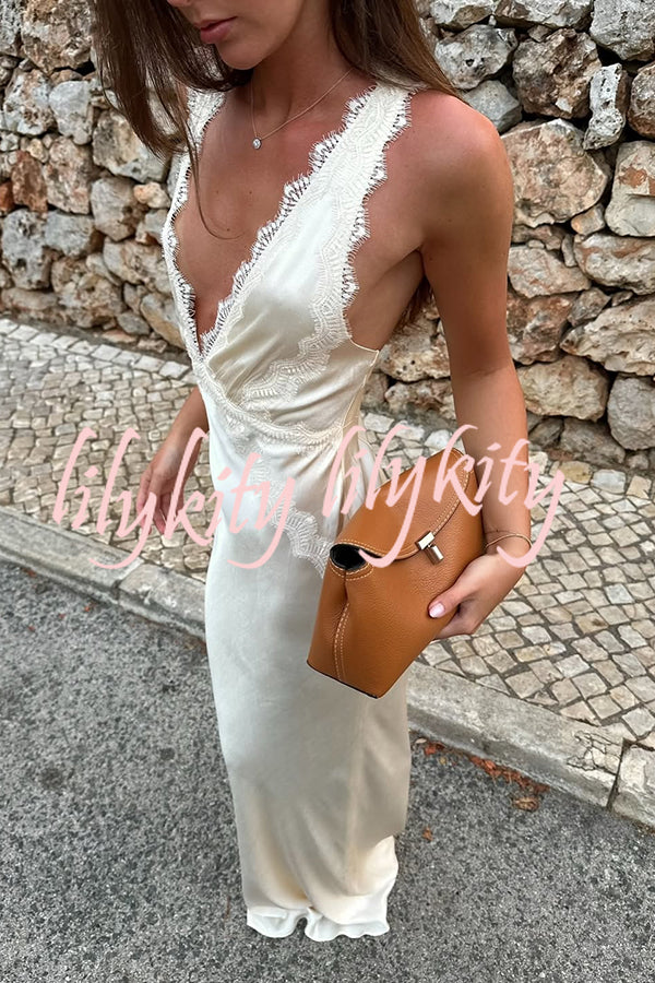 Modern Day Glam Satin Lace Trim V-neck Cross Back Maxi Dress
