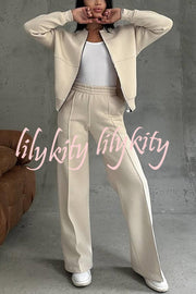 Solid Color Casual Long Sleeve Zipper Jacket and Elastic Waist Pocket Wide Leg Pants Set