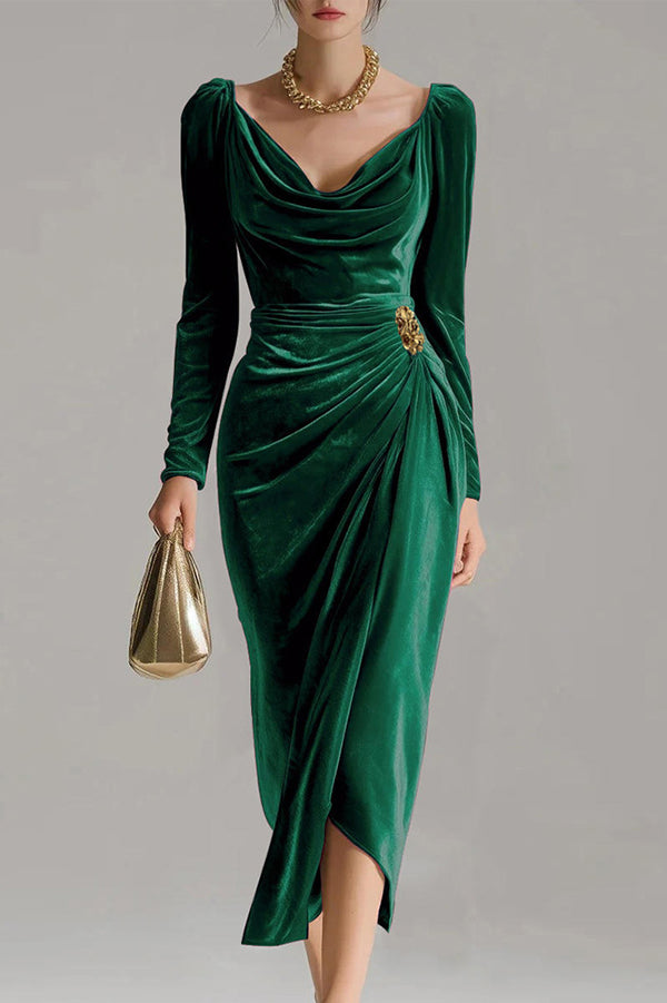Solid Color Velvet Long-sleeved Slim-fit Pleated Midi Dress