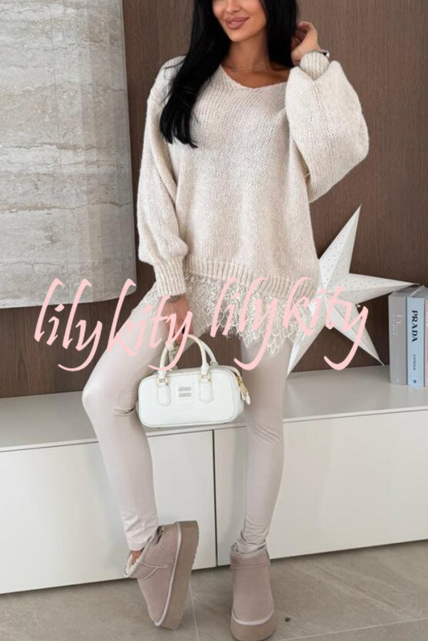 Comfy and Sweet Knit Lace Patchwork Hem Wide Neck Long Sleeve Loose Sweater