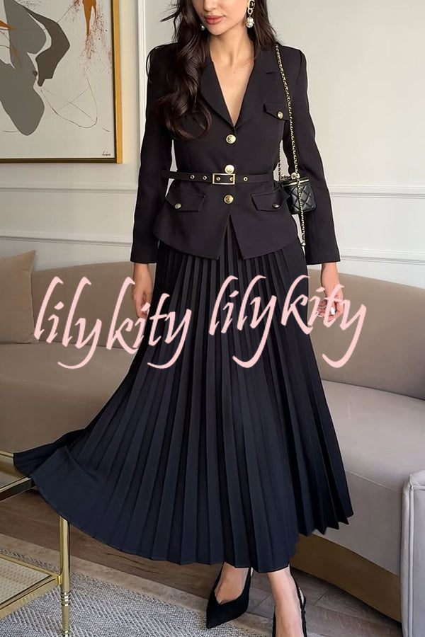 Solid Color Lapel Button Belt Blazer and Pleated Casual Maxi Skirt Set