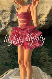 Little Mermaid Glitter Fabric Metal Starfish Hollow Layered Stretch One-piece Swimsuit