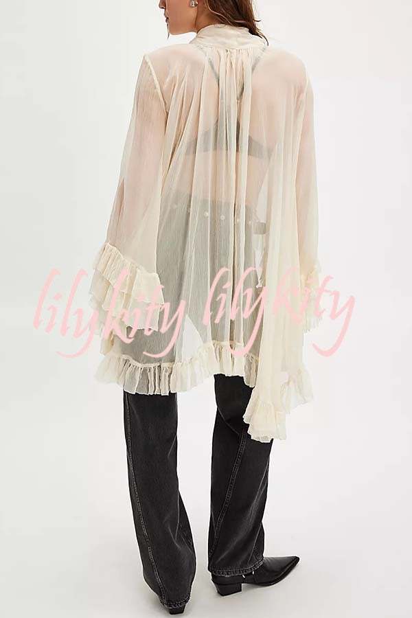 Flowy See-through Ruffle Tie-up Neck Bell Sleeve High-low Hem Cape Shirt