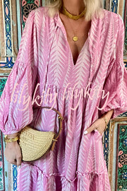 Marrakech Stories Linen Blend Printed Balloon Sleeve Pocketed A-line Midi Dress