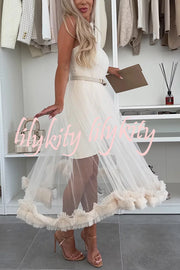 Fairytale Charm Tulle Off Shoulder Ruffles Trim A-line Midi Dress