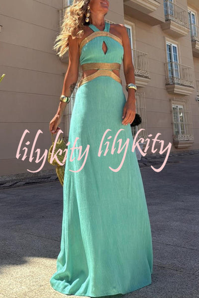 Avery Gold-rimmed Bamboo Cutout Back Tie-up Maxi Dress