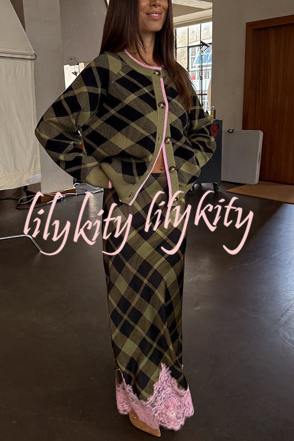 Holiday plaid Satin Unique Print Patchwork Lace Stretch Waist Draped Maxi Skirt