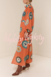 Linen Blend Unique Print Belted Single-breasted Casual Maxi Dress