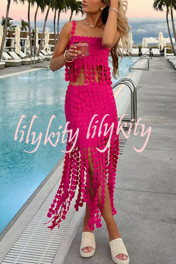Caitlin See Through Circle Embroidery Elastic Waist Tassle Hem Maxi Skirt