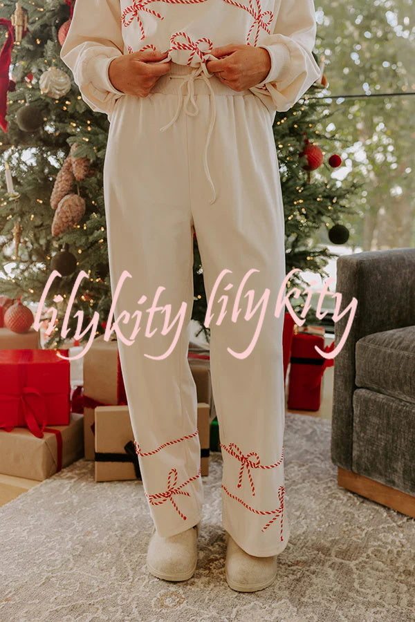 Candy Cane Cutie Loose Bow Tie Long-Sleeved Sweatshirt and Elastic Waist Pocket Pants Set