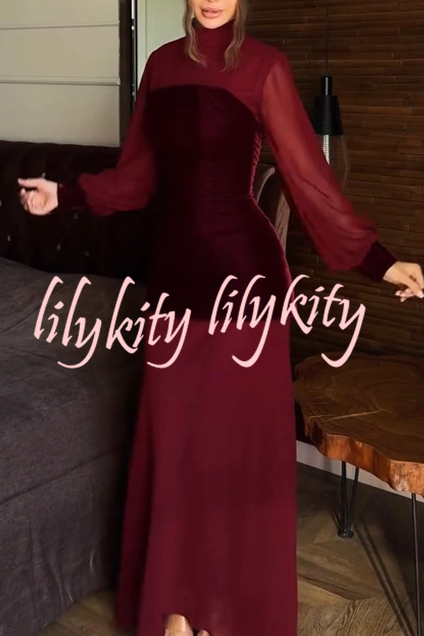 Hildie Chiffon and Two-piece Velvet Lace-up Bra High Neck Long Sleeve Maxi Dress