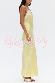 Sweet Trend Satin Lace Trim V-neck Slit Slip Maxi Dress