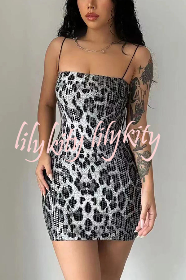 Leopard Print Sequin Sexy Sling Slim Fit Mini Dress